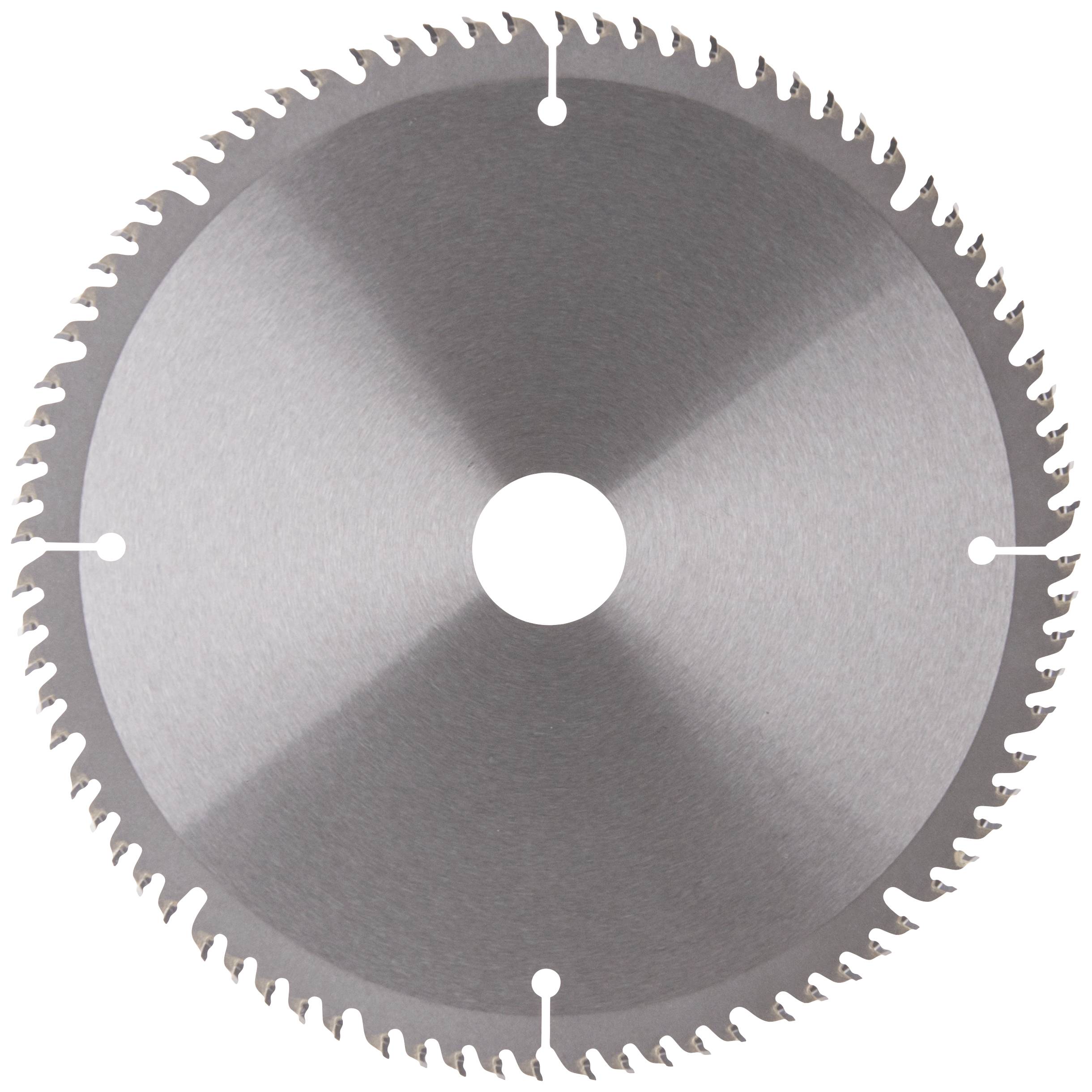 Steel circular saw blade with sharp teeth, suitable for woodworking. It has a central hole for mounting.