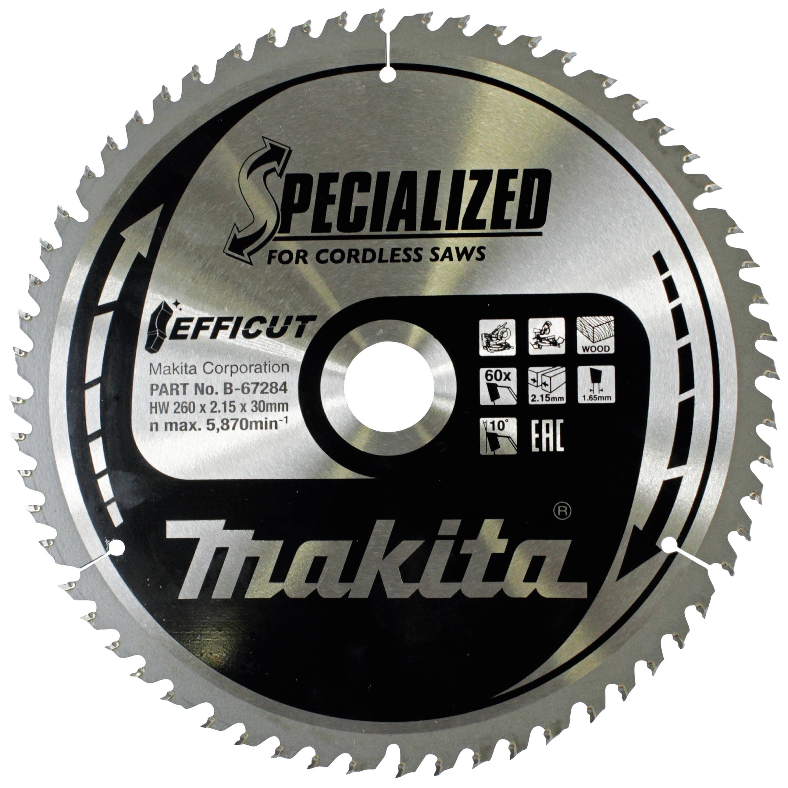Makita circular saw blade for cordless saws. Suitable for wood. Inscription: 'SPECIALIZED for CORDLESS SAWS', 'EFFICUT'.