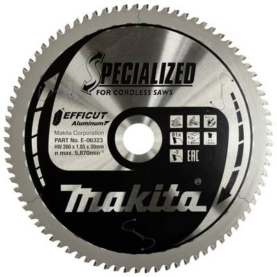 Circular saw blade with print 'Makita Specialised', suitable for cordless saws. Part number and technical specifications are provided.