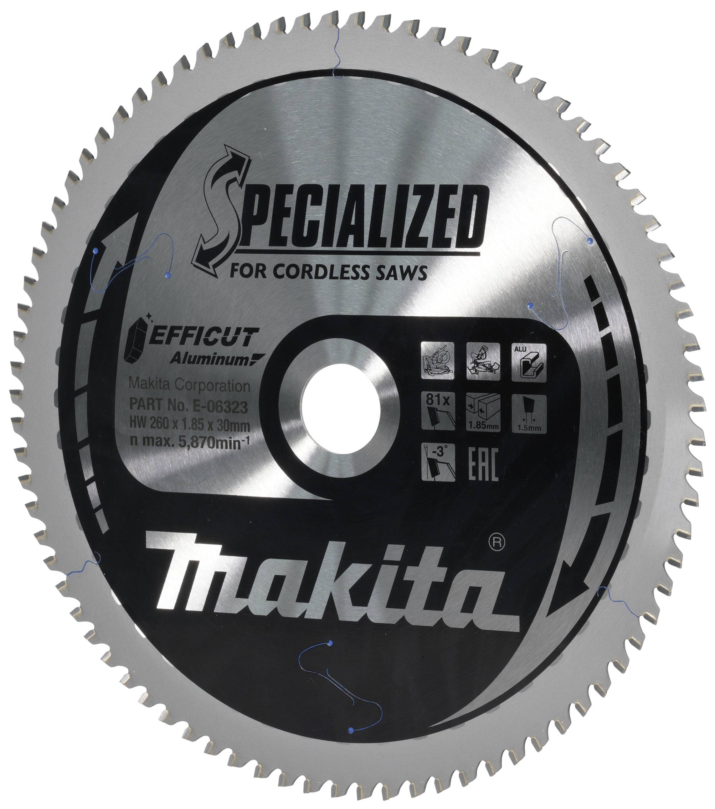 'Makita circular saw blade, specialised for cordless saws. Model number B-09223, suitable for aluminium, max. 5,870 RPM.'