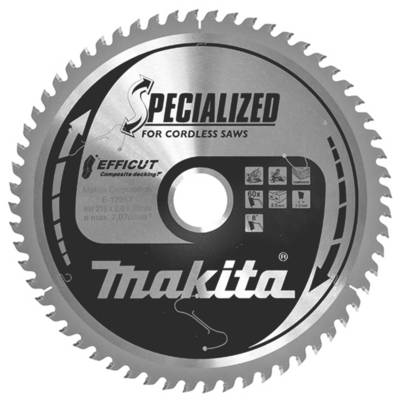 Makita circular saw blade, Specialized model for cordless saws. Silver with black text and symbols, 215 mm diameter.