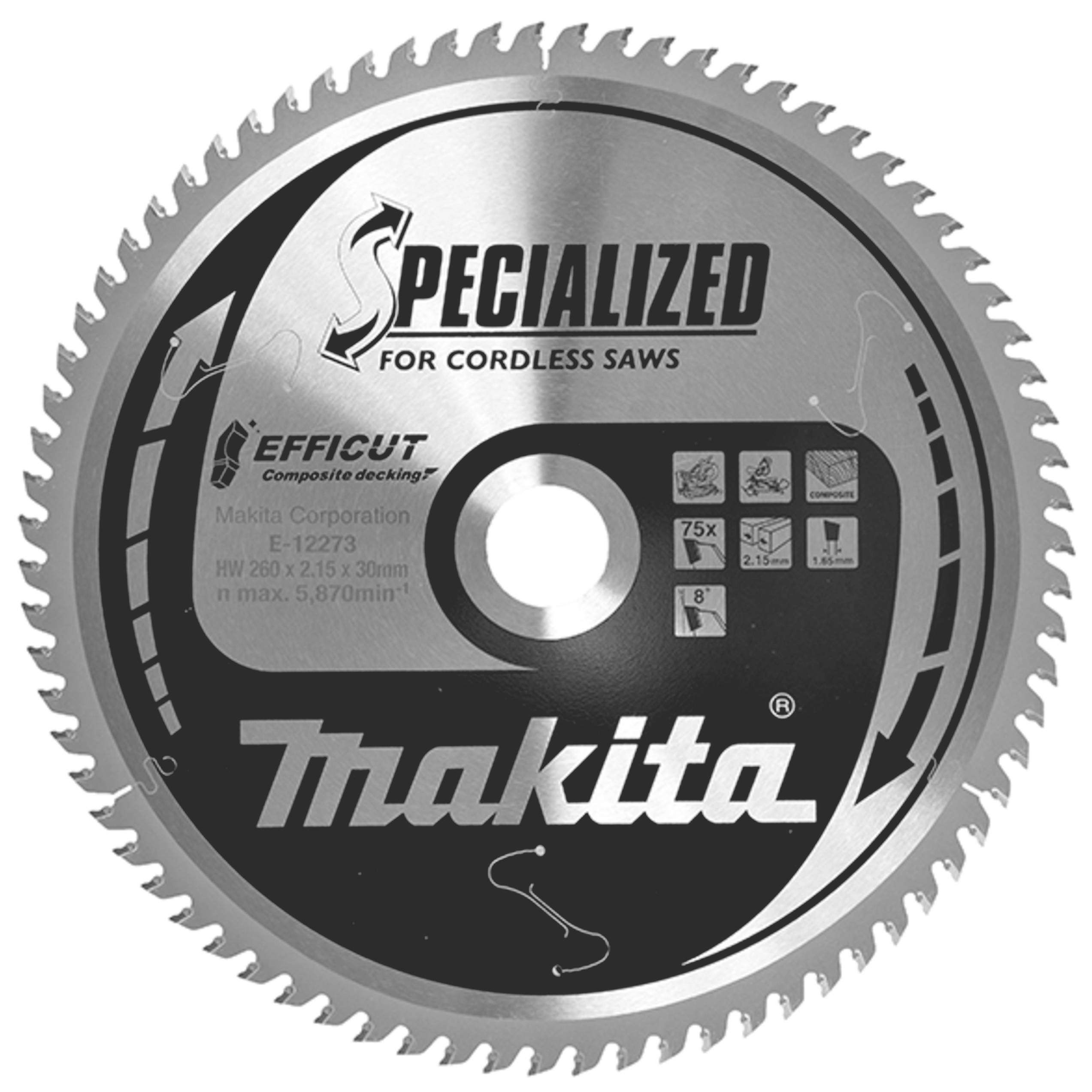 'Makita' Saw Blade with inscription 'Specialised for Cordless Saws', 165 mm diameter, 56 teeth, for fine cuts and woodworking.
