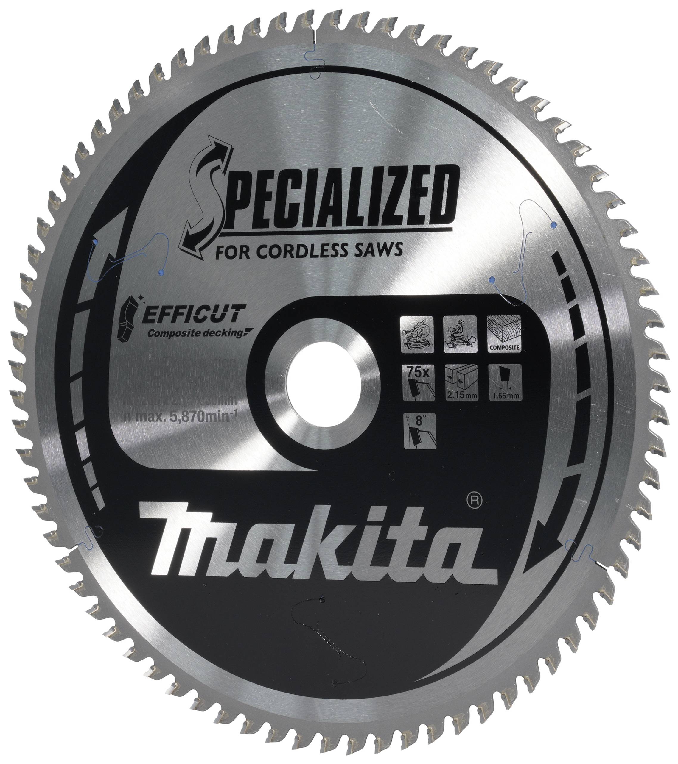 Circular saw blade with the inscription 'SPECIALISED FOR CORDLESS SAWS' and 'Makita'. Suitable for cordless saws and Efficut technology.