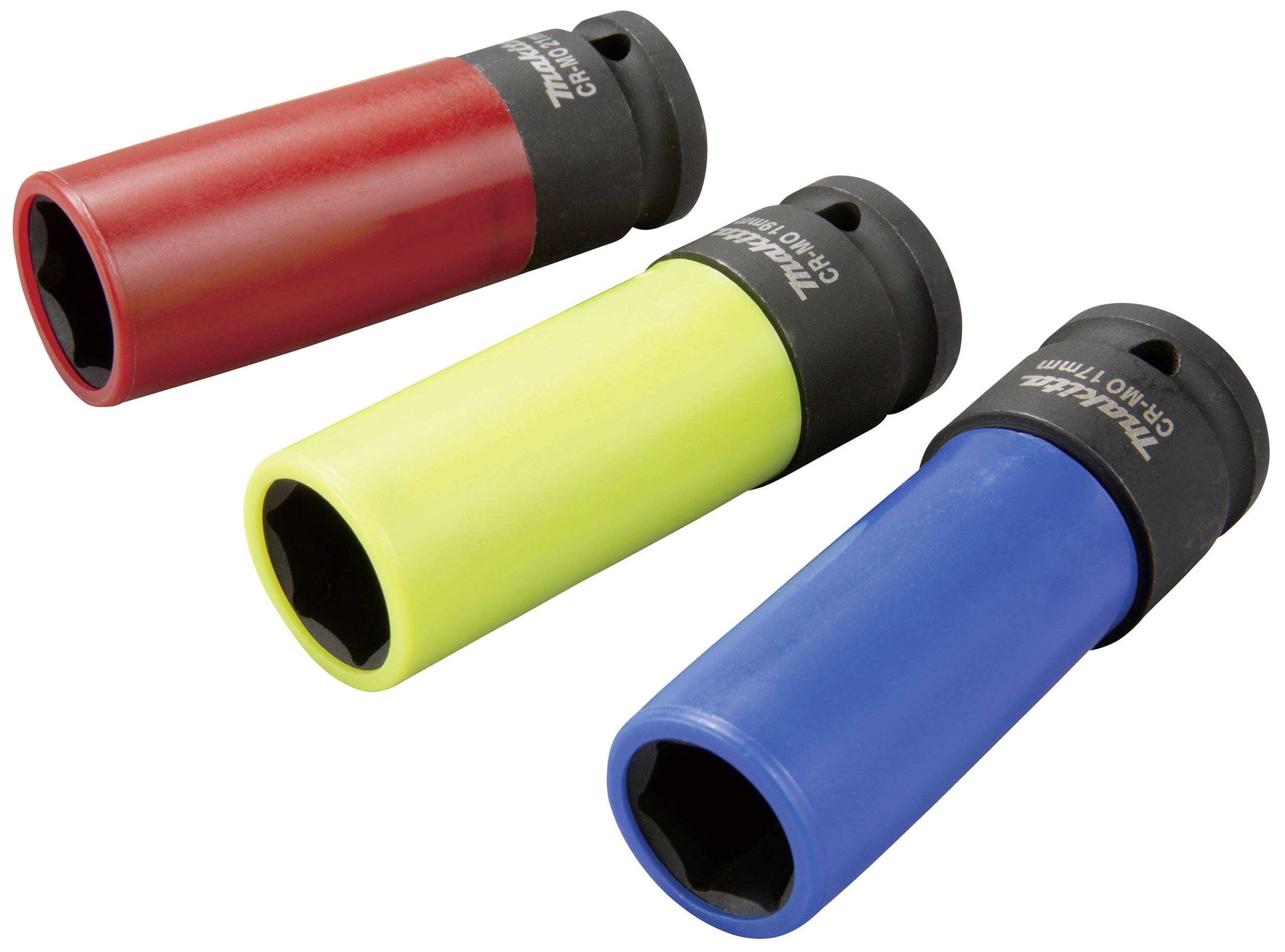 Three coloured socket attachments in red, yellow, and blue, arranged at an angle. Ideal for use with an impact driver.