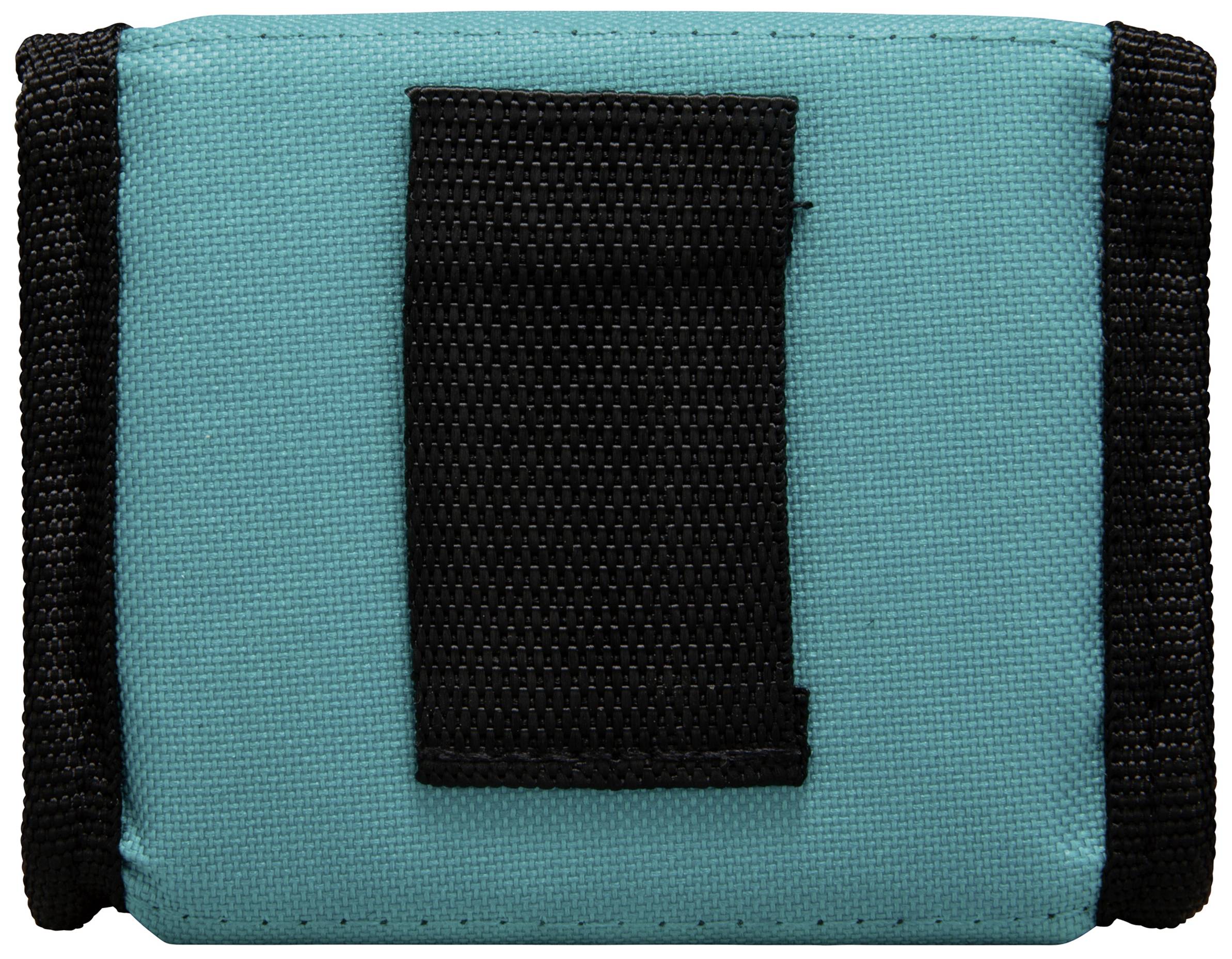 A small, rectangular, turquoise object with black edges and a black, vertical hook and loop fastener in the centre.