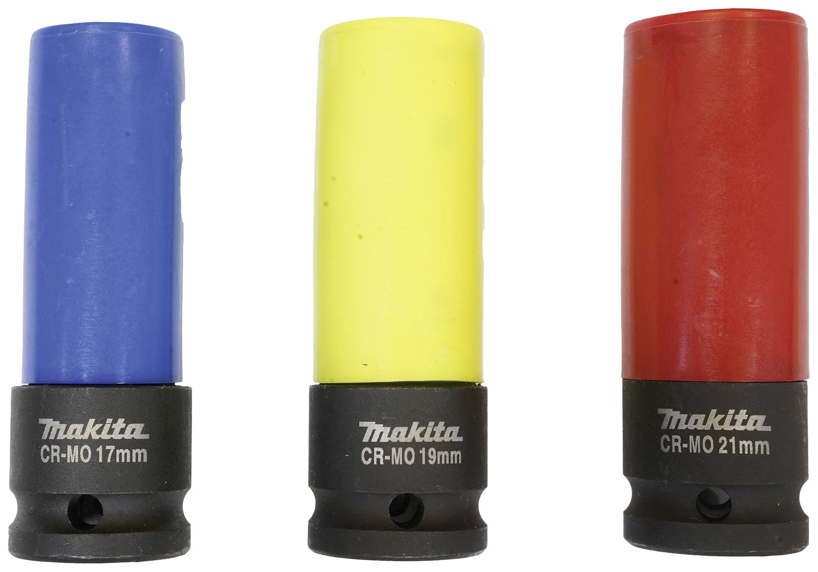 Three coloured Makita socket nuts in blue 17mm, yellow 19mm, red 21mm. All have a black base. Suitable for various screw sizes.
