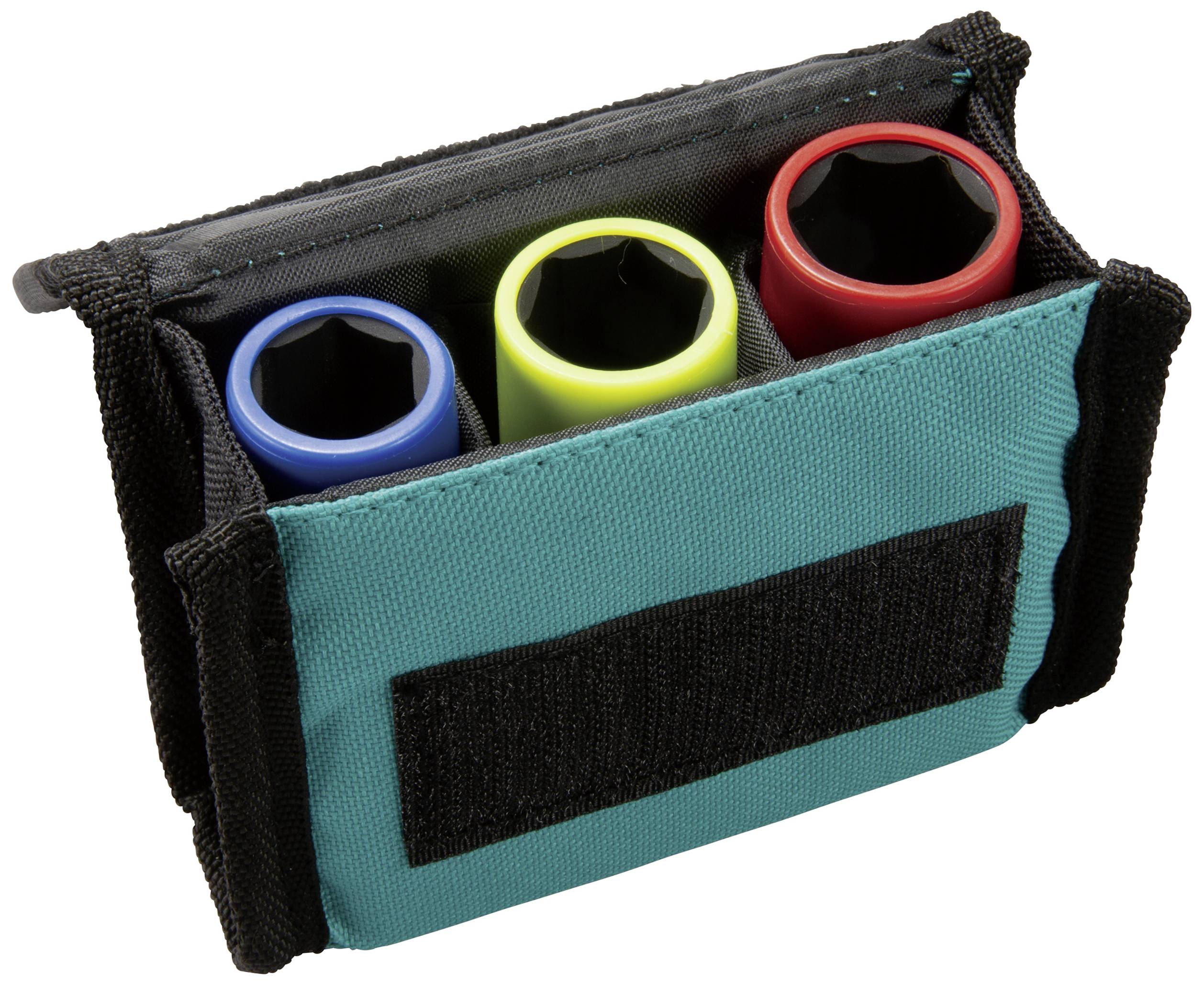 A green zip-up case contains three drawing pins in red, yellow and blue, stored in separate compartments.