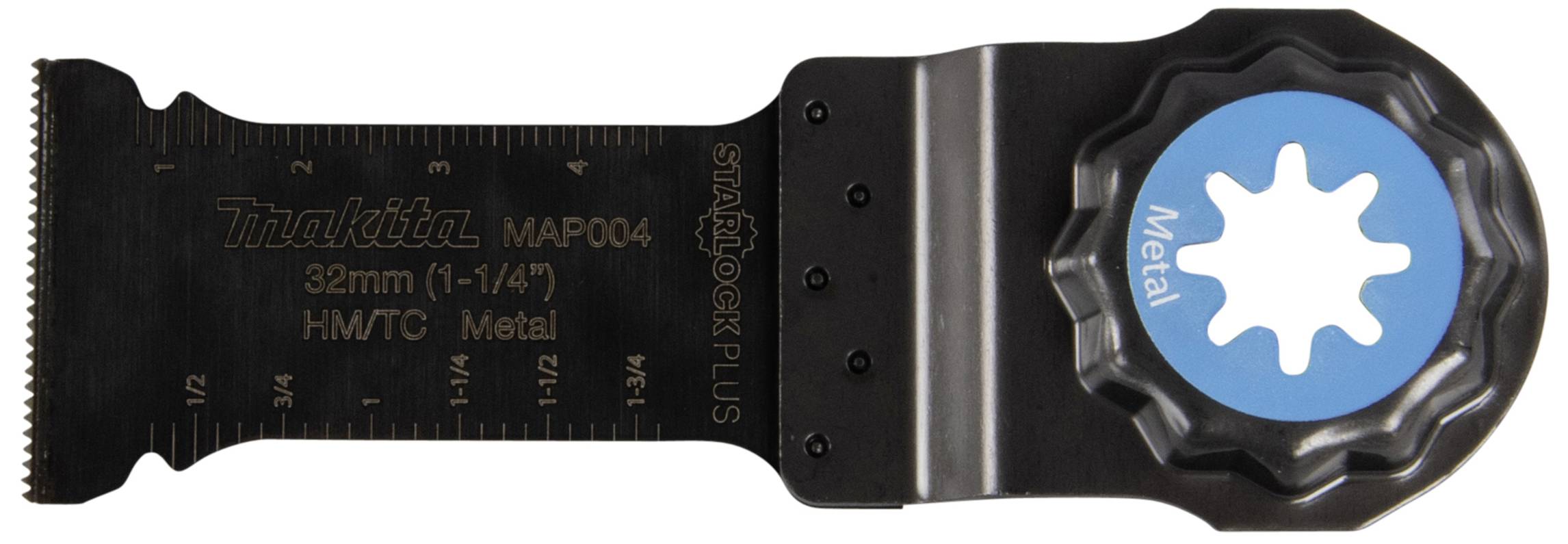 A saw blade with 'Metal' inscription, compatible with Makita multitools, displays scaling and markings for precise cutting.