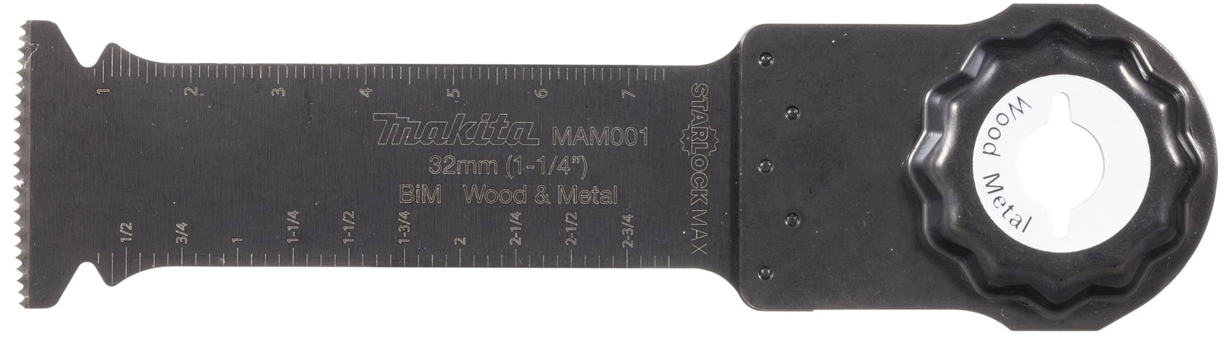 Black Makita saw blade, model 'BIM Wood & Metal', 32mm, with scale and mounting button. Suitable for wood and metal.