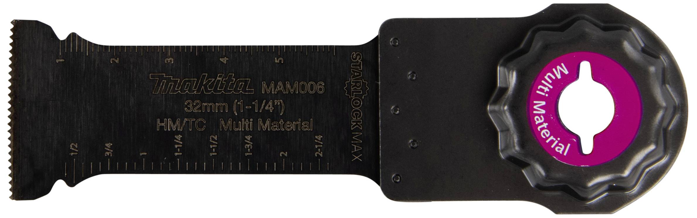 A oscillating saw blade by Makita with measurements and 'Multi Material' inscription on the tooth surface.