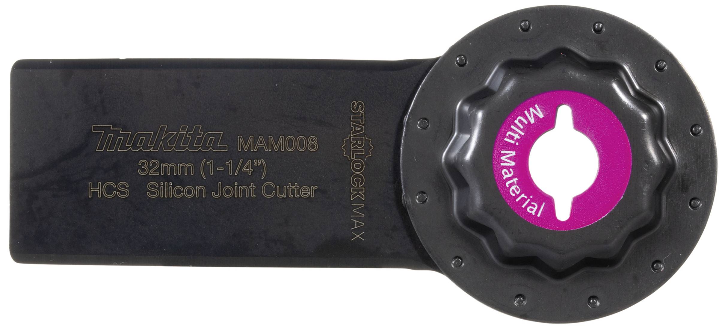 'Saw blade for multi-tool. Makita, 32 mm, HCS Silicon Joint Cutter. Black metal with pink detail.'