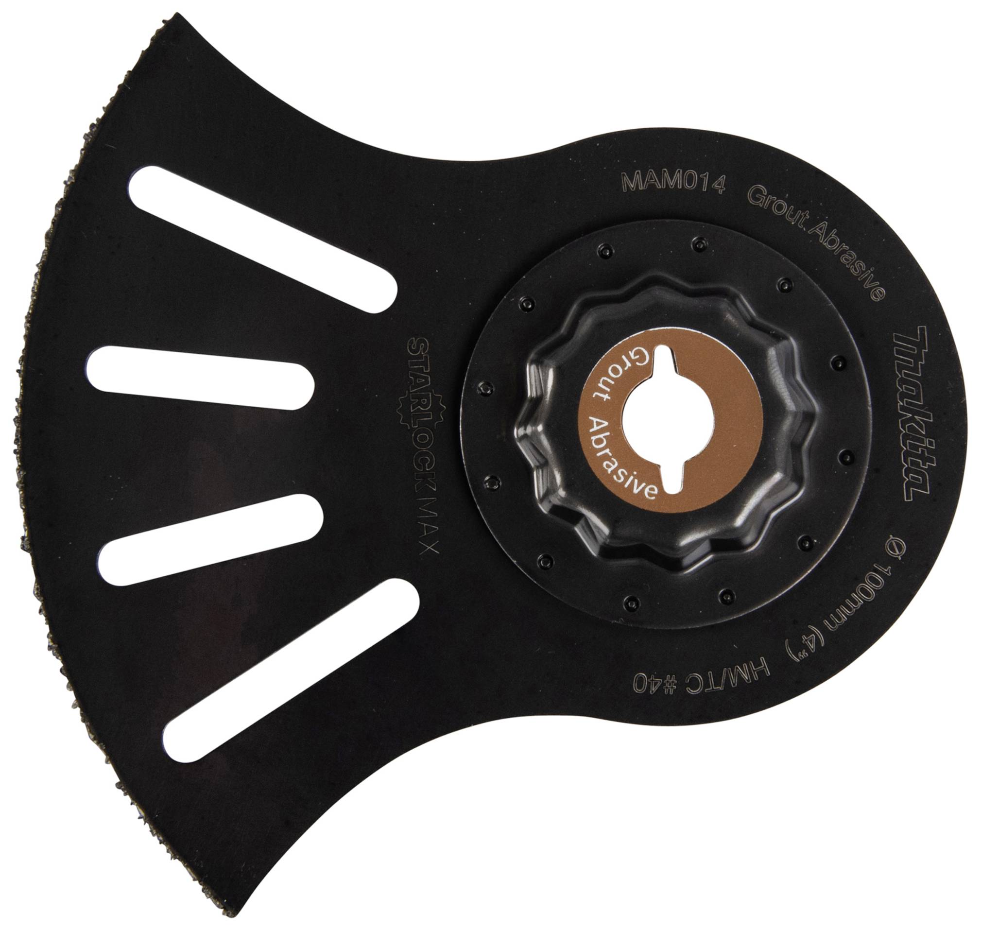 Black circular saw blade by Makita with serrated edge and multiple slots. Label: 'Grout, Abrasive, MAX, MAM014'.