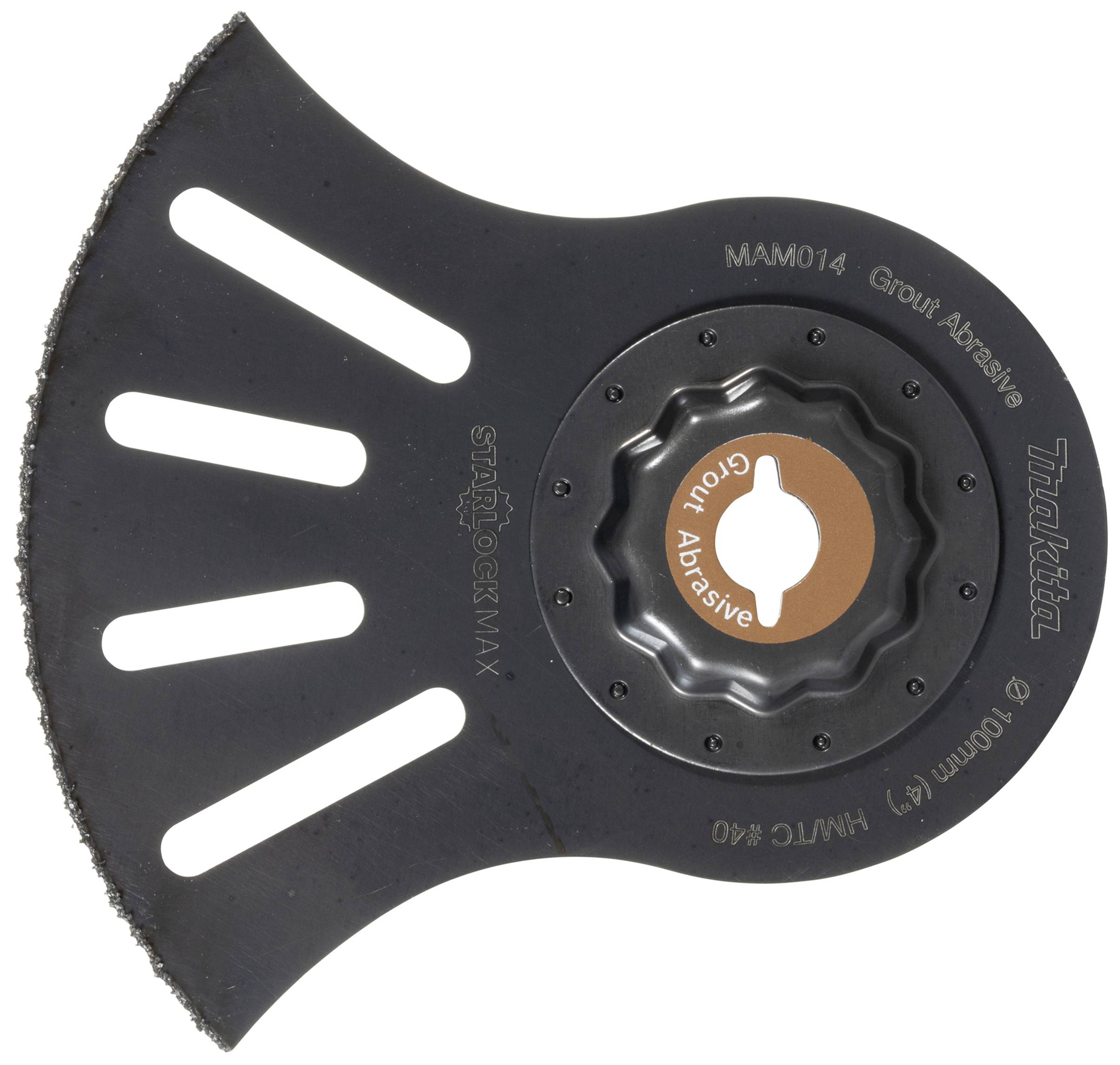 'Cutting blade with multiple slots and tooth-edged border, suitable for joint mortar and adhesives. Marked with "Makita StarlockMax".'