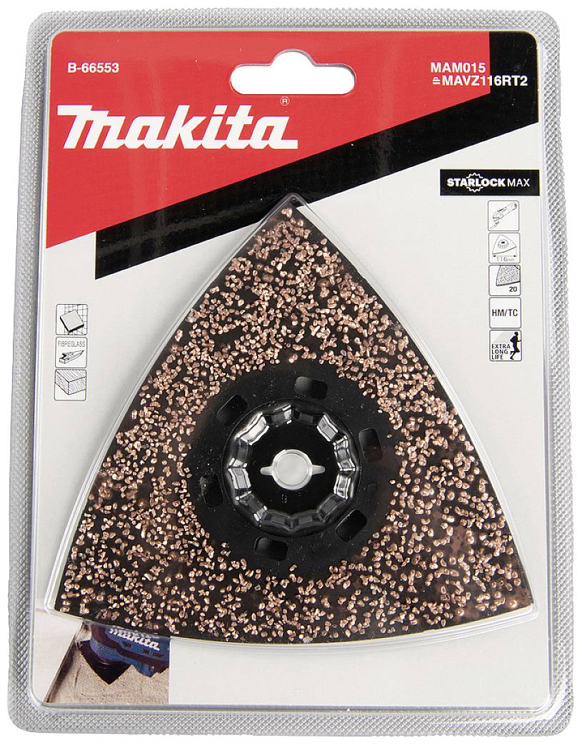 'Triangular sanding attachment by Makita, Model B-66553, shown in original packaging. Suitable for Starlock Max systems.'