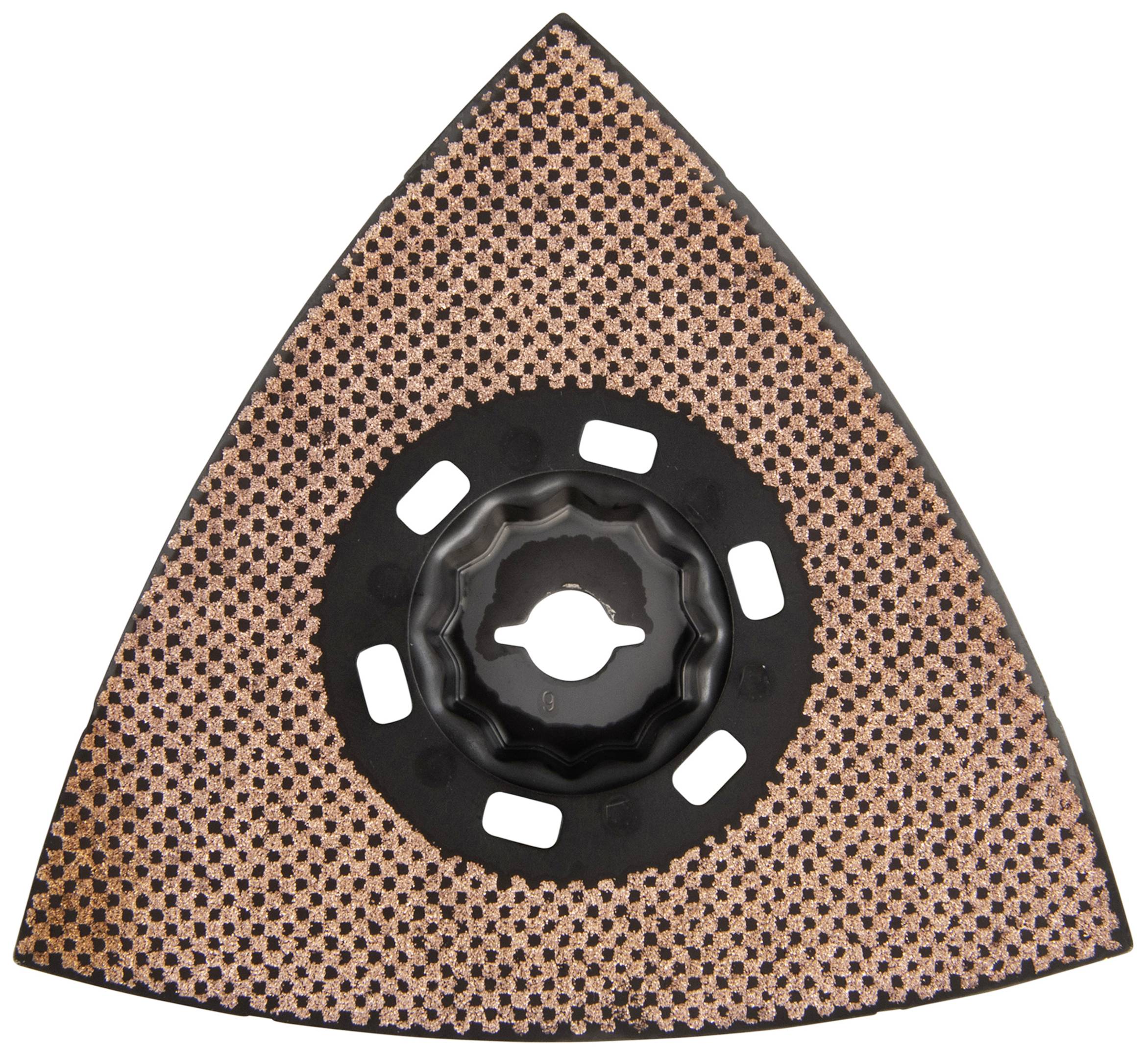 Triangular sanding pad with central mounting, brown grit. Suitable for delta sanders.
