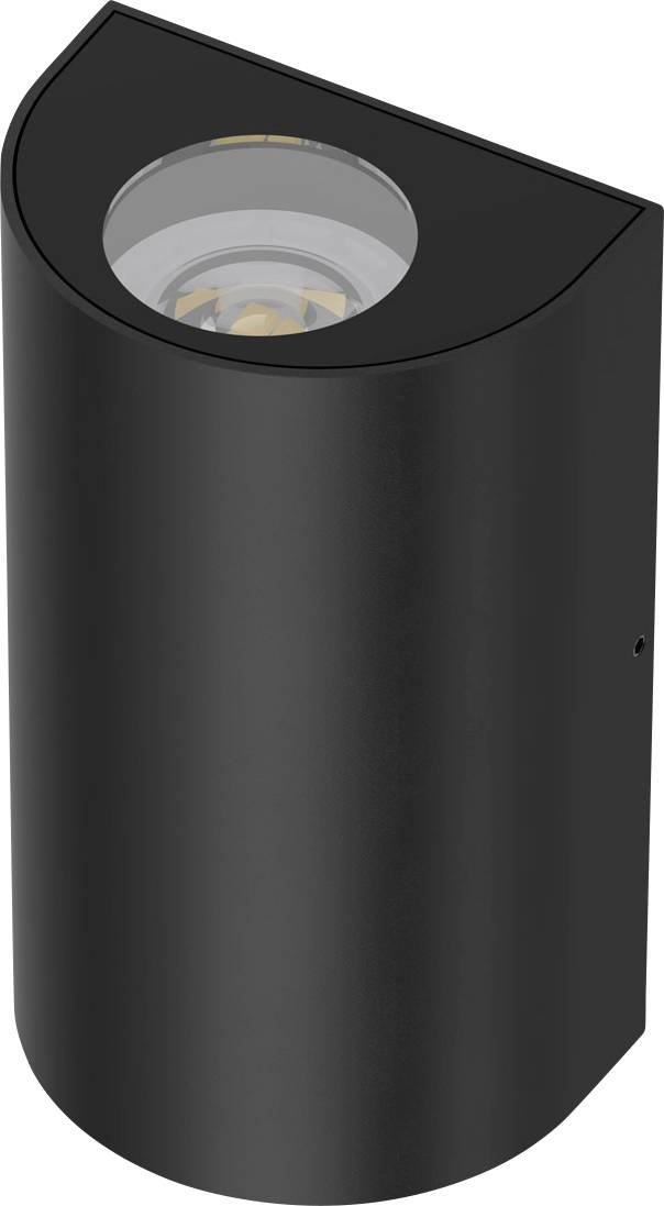 Black cylindrical outdoor wall light fixture with a rounded top and visible recessed bulb opening.