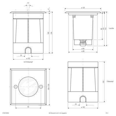 Technical dimension drawing of a recessed ceiling light, showing front, side, and bottom views with measurements in millimeters.