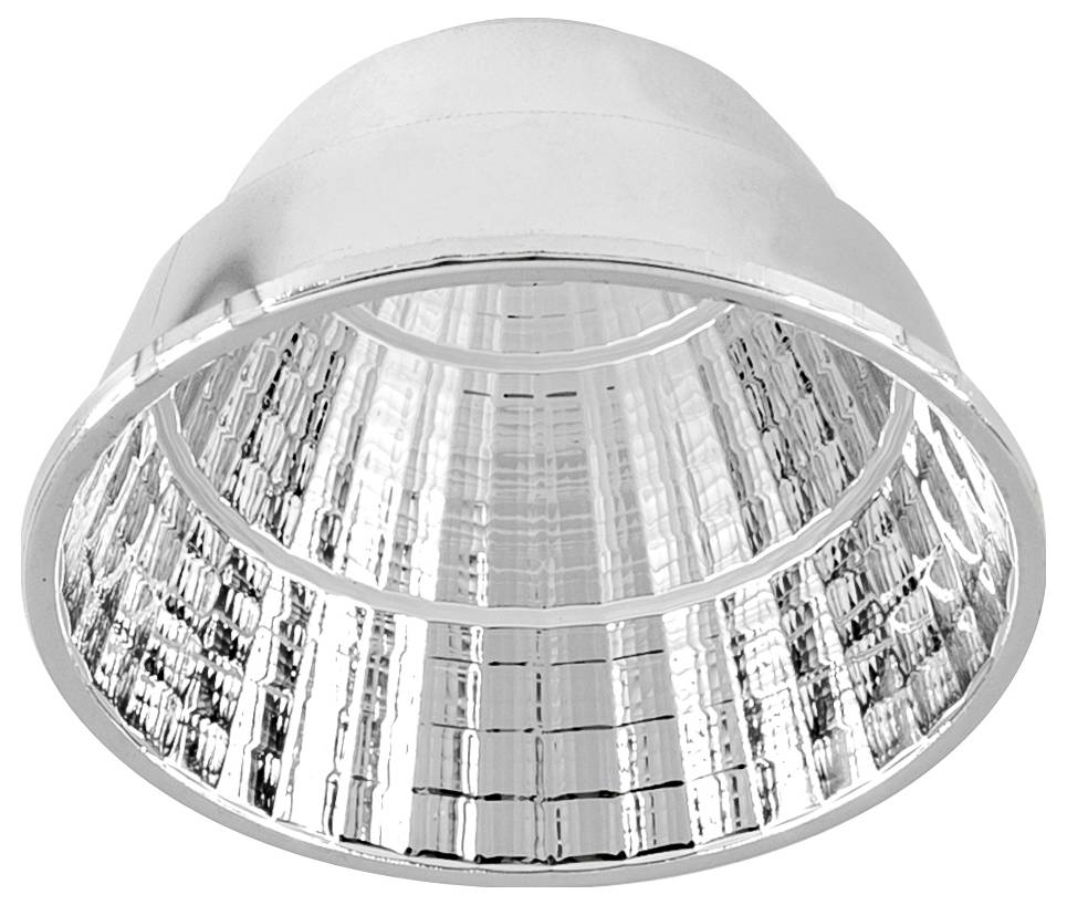 Chrome industrial dome light reflector with a wide circular opening and mirrored interior.