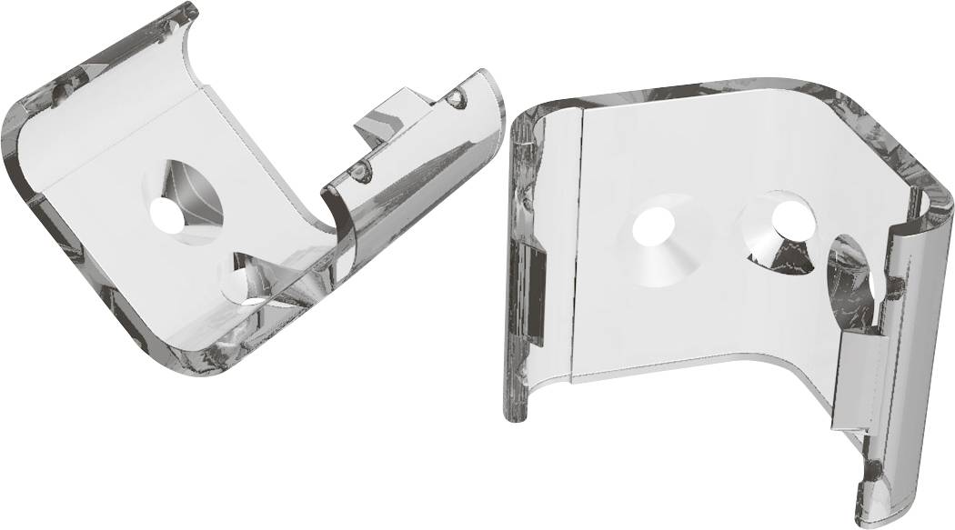 Two clear plastic corner brackets with screw holes, shown side by side on a white background.