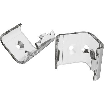 Two clear plastic corner brackets with screw holes, shown side by side on a white background.