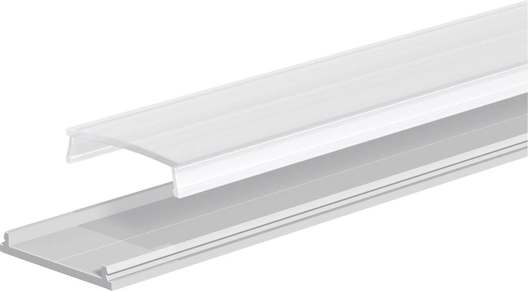 Clear plastic LED light diffuser cover on a long aluminum channel housing, shown in close-up on a white background.