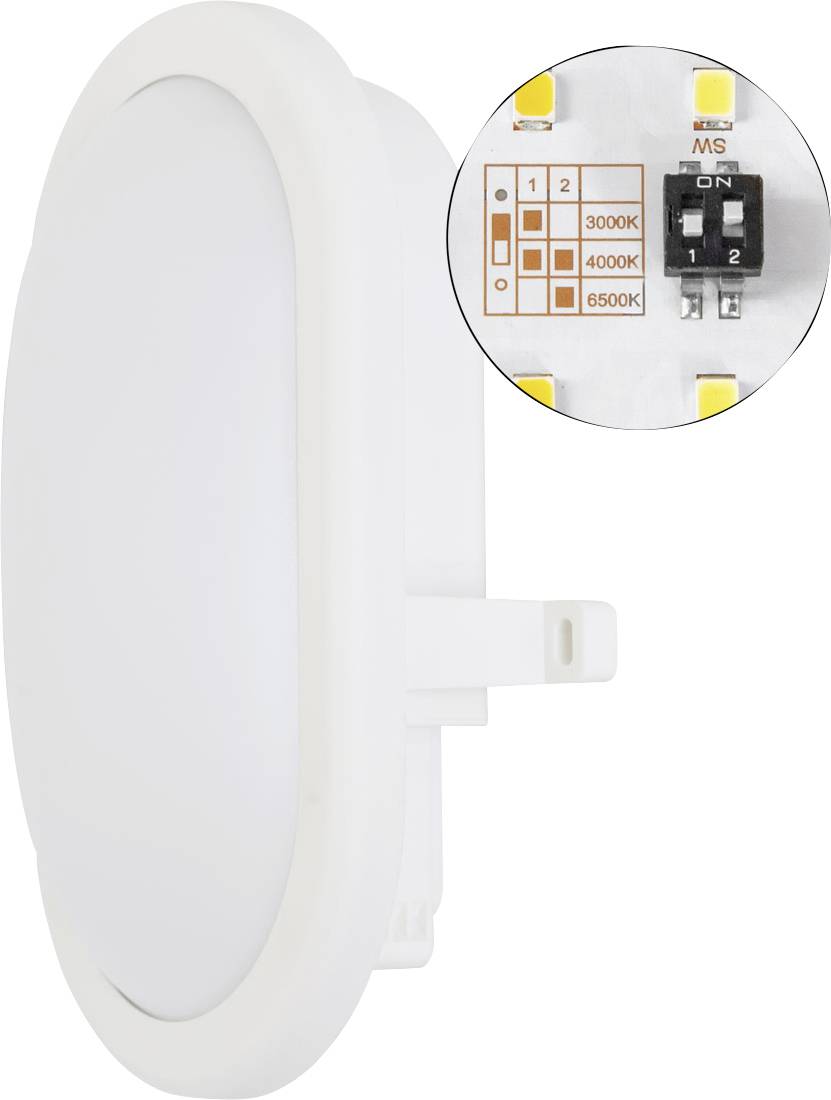 Round white recessed LED panel light with inset image showing a 2-switch color temperature selector labeled 3000K, 4000K, and 6500K.