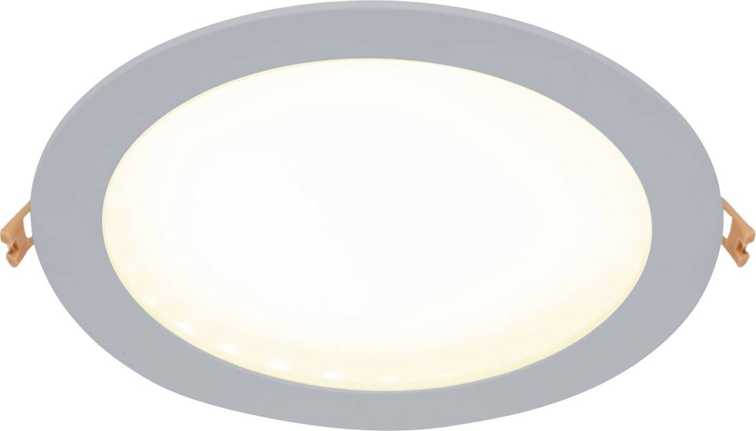 Round, flat LED recessed ceiling light with white border and warm white light, suitable for modern living spaces.
