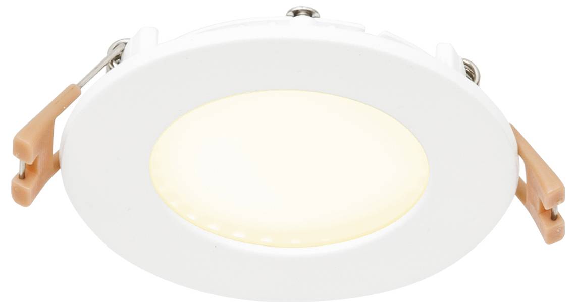 White round recessed LED ceiling light with orange spring clips, shown on a white background.
