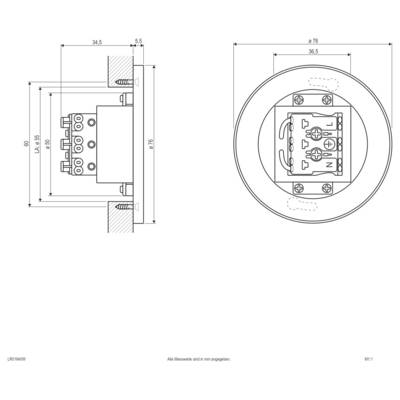 Technical drawing of a round wall switch or outlet, showing front and side views with dimensions labeled in millimeters.