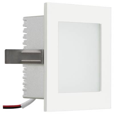 White square LED recessed light with mounting clip and attached red, black, and white wires shown from the side<br>