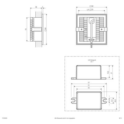 Technical dimension drawing of a square recessed LED downlight, showing side and front views with mounting details and measurements in millimeters.