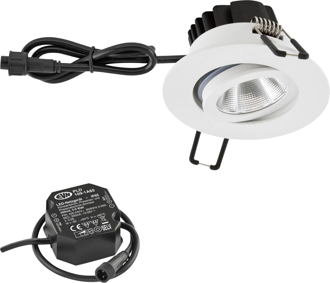 White recessed LED downlight with attached power cord and separate black driver box<br>