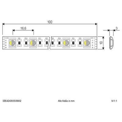 Dimensioned technical drawing of a slim 100 mm LED light strip with end cap, showing connectors and measurements in millimeters.