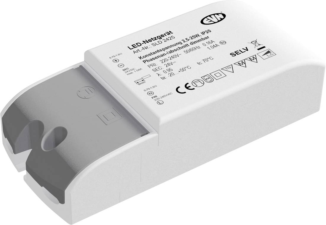 White LED driver power supply unit with printed technical labels and connection terminals on one end, shown in a product photo on a white background.