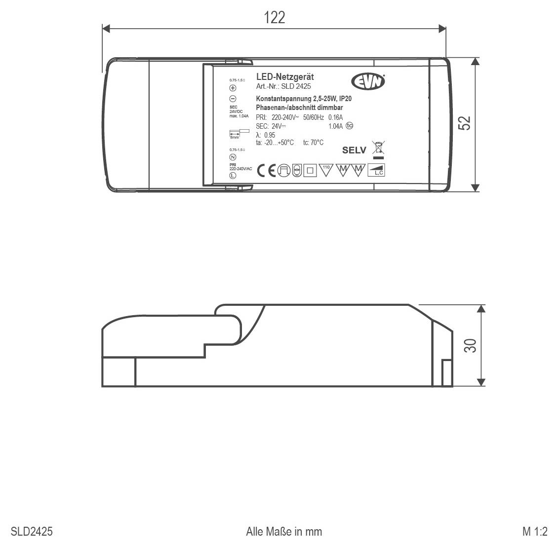 Technical dimension drawing of an EVN LED power supply labeled 'LED-Netzgerät' SLD 2425, showing top and side views with dimensions 122 x 52 x 30 mm.