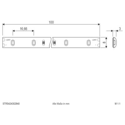 Technical drawing of a 24V LED strip segment, showing dimensions 100 mm long, 8 mm wide, and 3 mm thick, with 16.66 mm spacing between LEDs.<br>