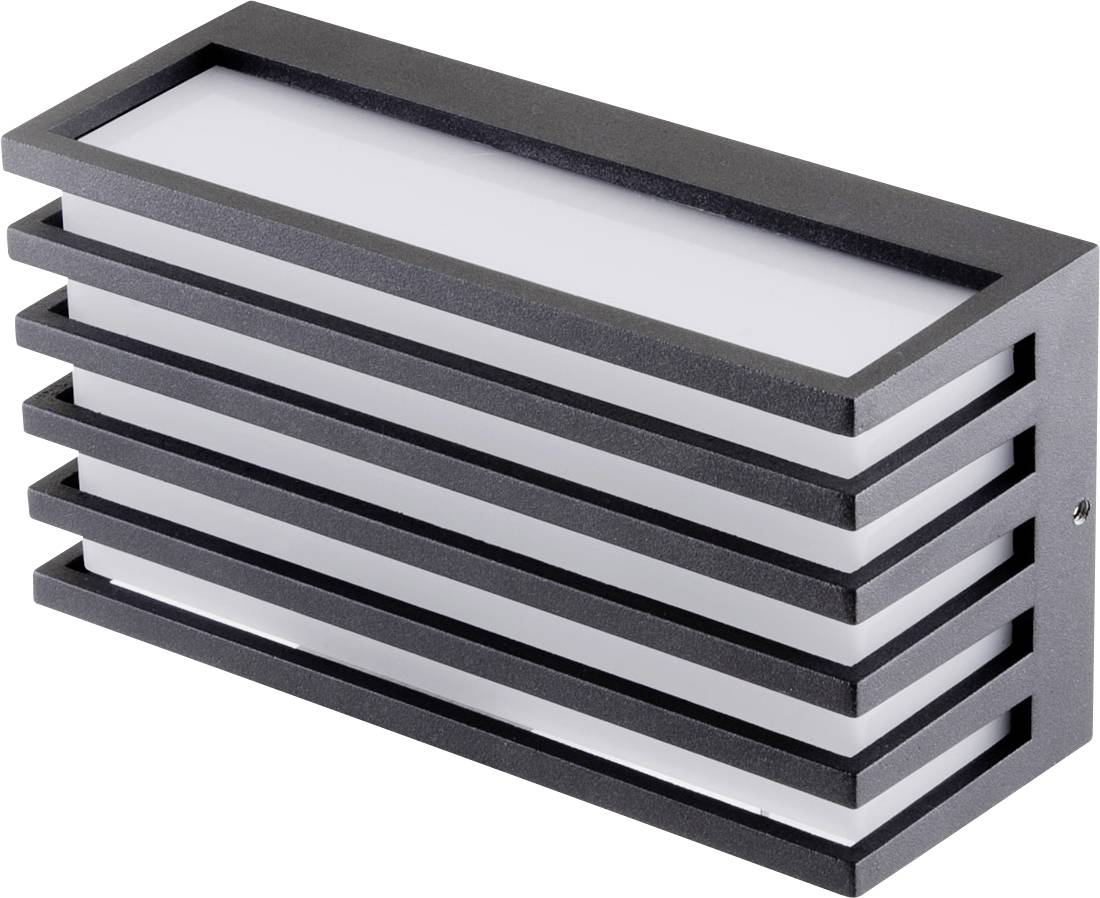 Rectangular, modern wall light with horizontal stripes that create cascading shadows; minimalist design.
