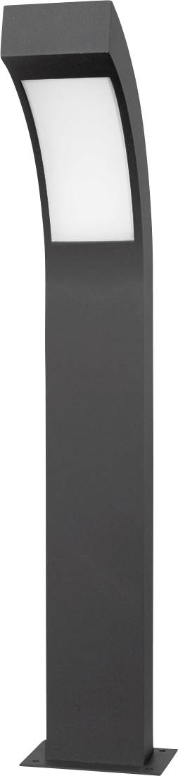Tall black outdoor bollard light with a curved top and frosted white front panel, mounted on a rectangular base.