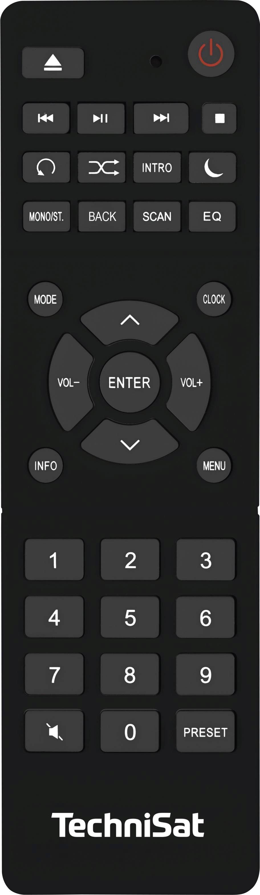 A black remote control with buttons for volume, channel switching, and playback functions. At the top is a power button.