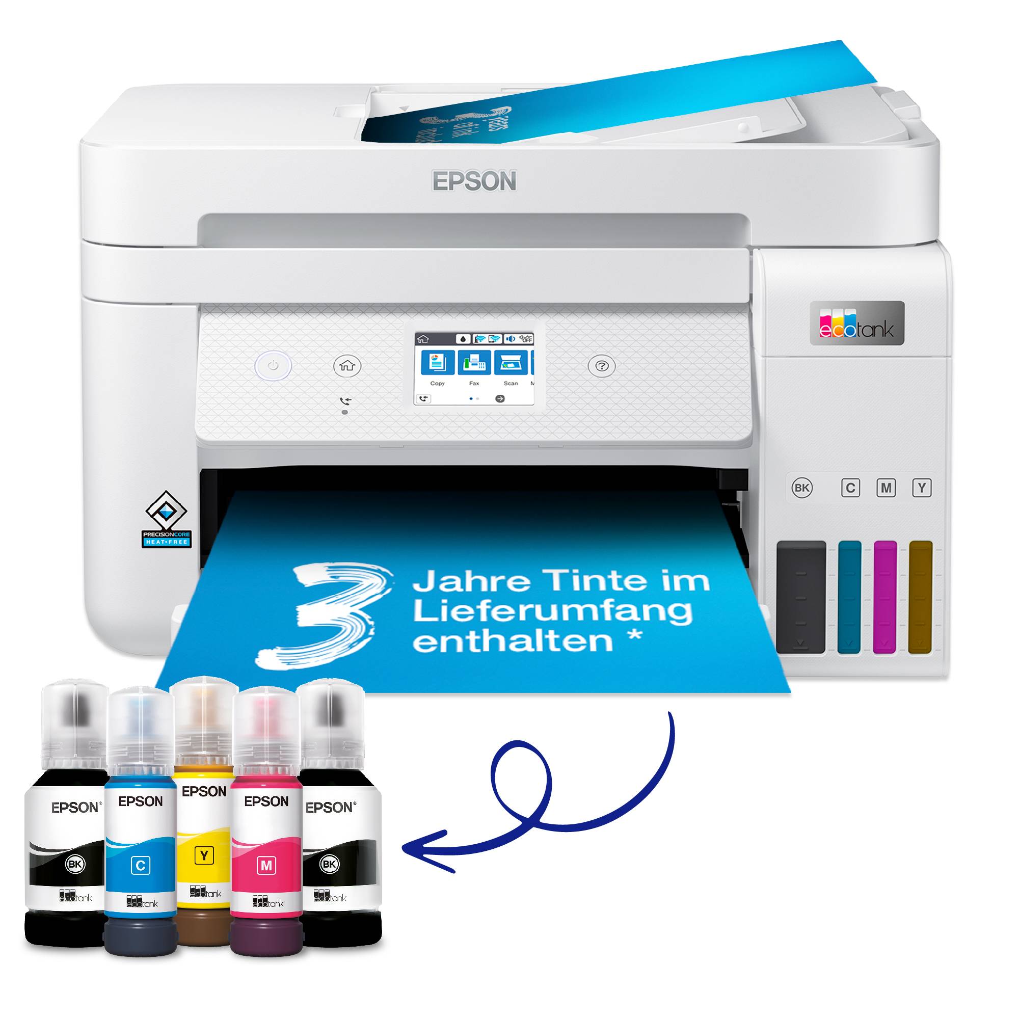 An Epson printer with paper displaying the text '3 years' worth of ink included', alongside four ink bottles in different colours.