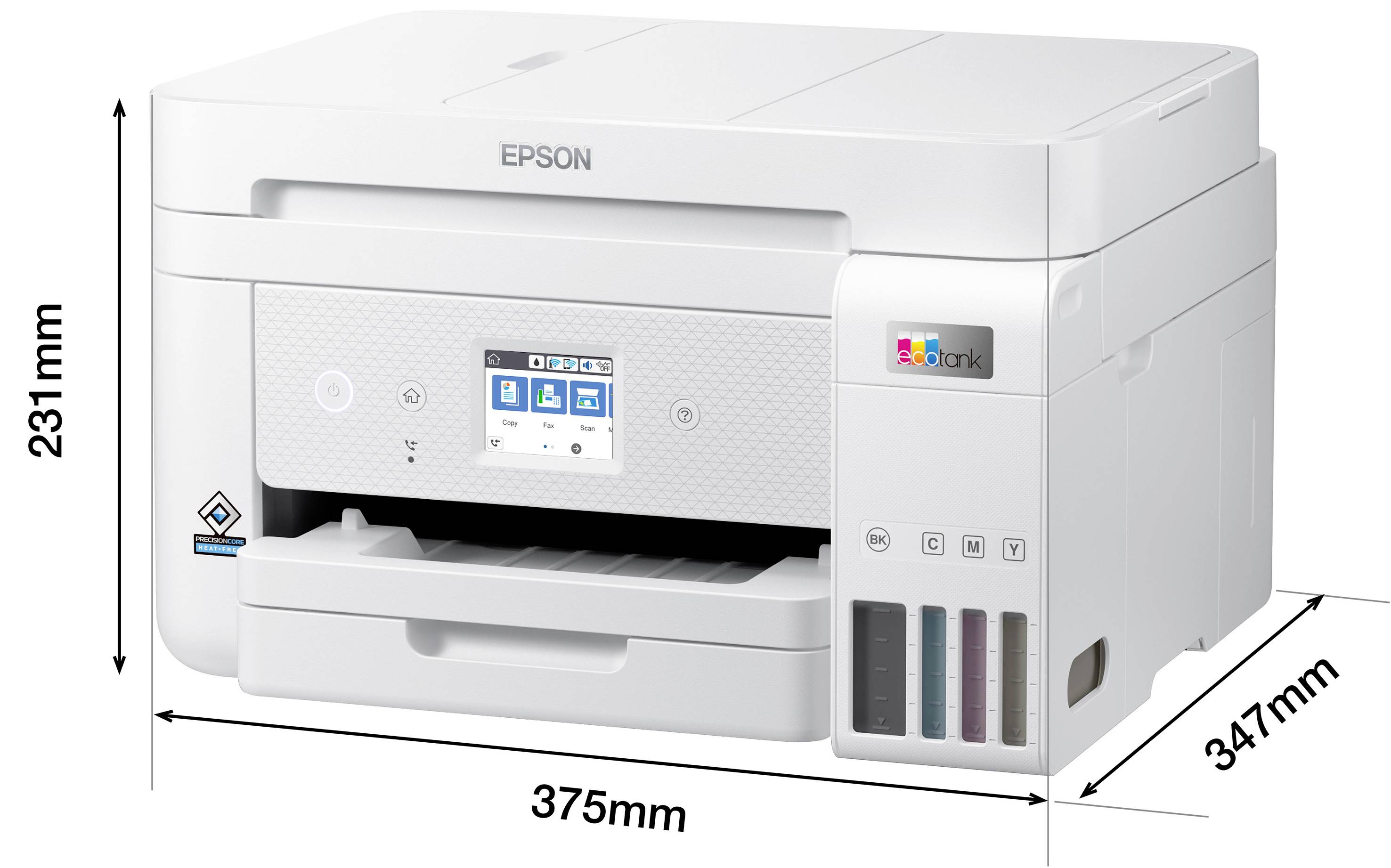 A white printer with display, capacity for 250 sheets, automatic double-sided printing and coloured ink containers. Included: four ink bottles. Prints up to 14,000 pages.