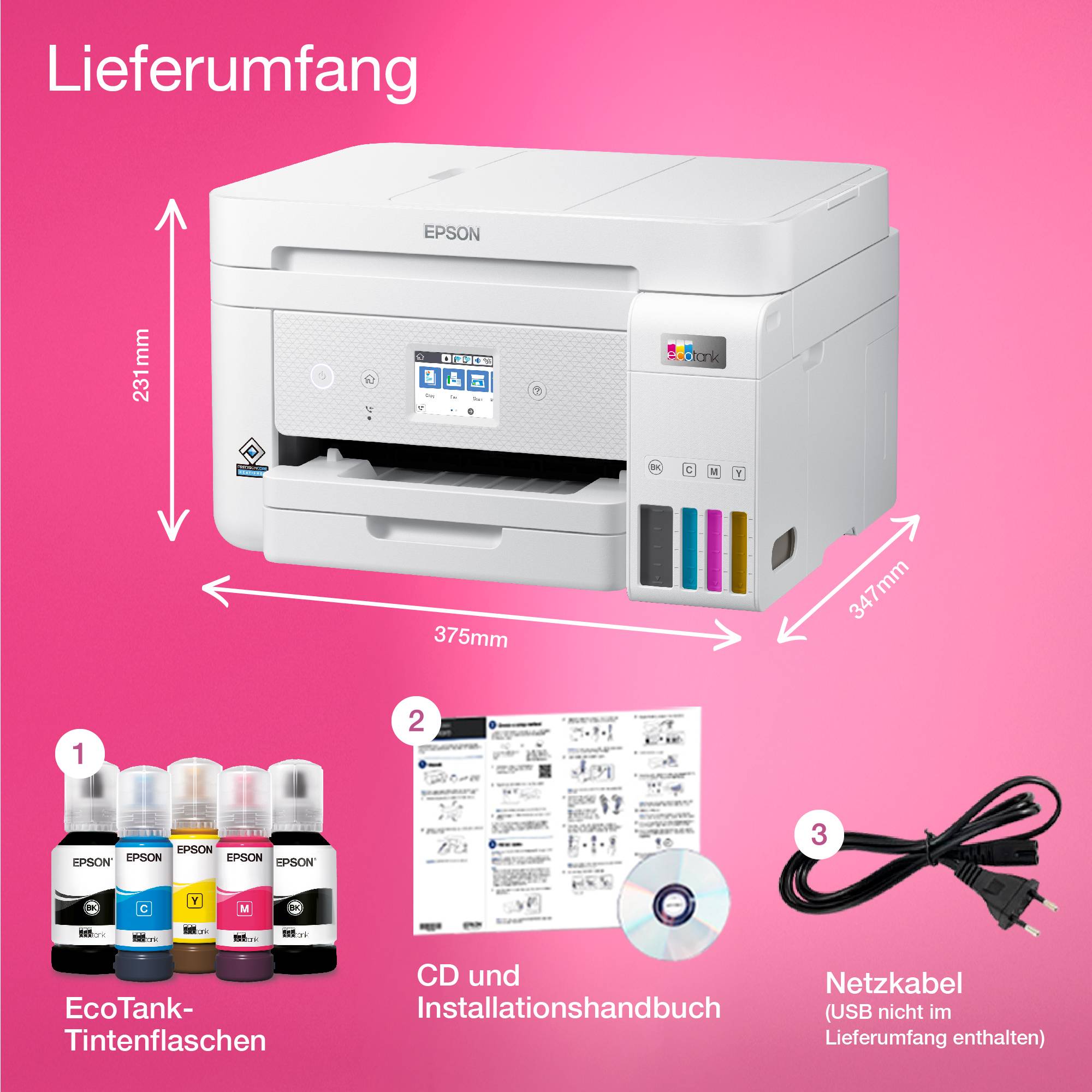 'Contents of package: EcoTank printer, ink bottles, CD and installation manual, power cable.'