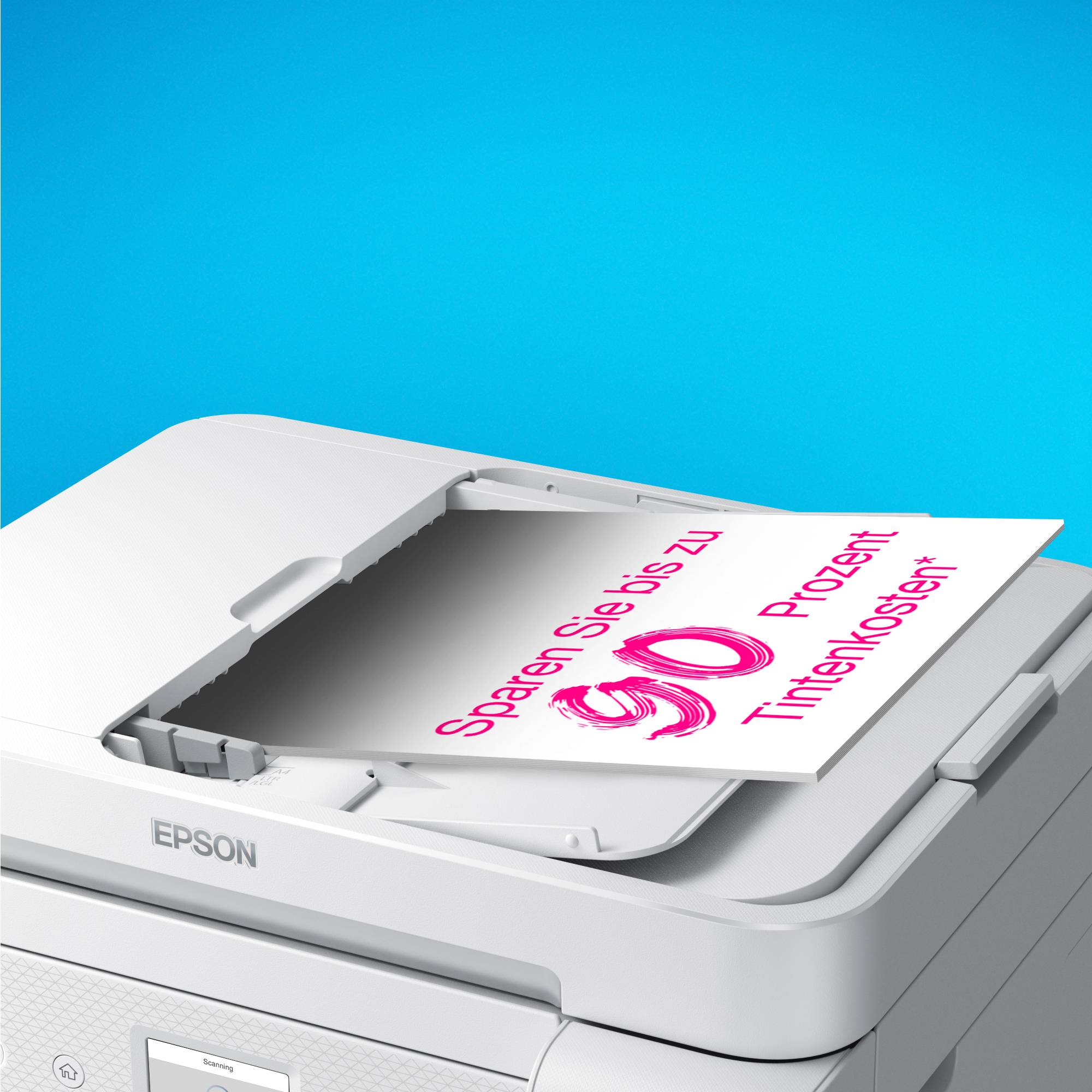 A printer with a sheet of paper displaying 'Save up to 90 percent on ink costs' symbolises cost savings.