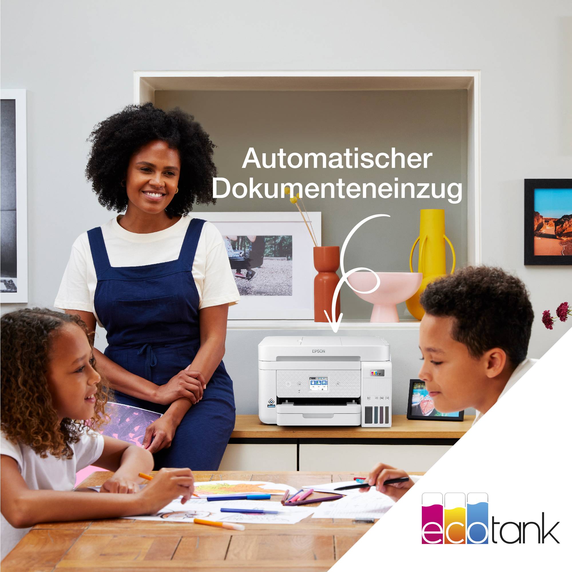 Family seated at a table with a printer in the background, emphasising the 'Automatic Document Feeder'. A smiling woman with children.
