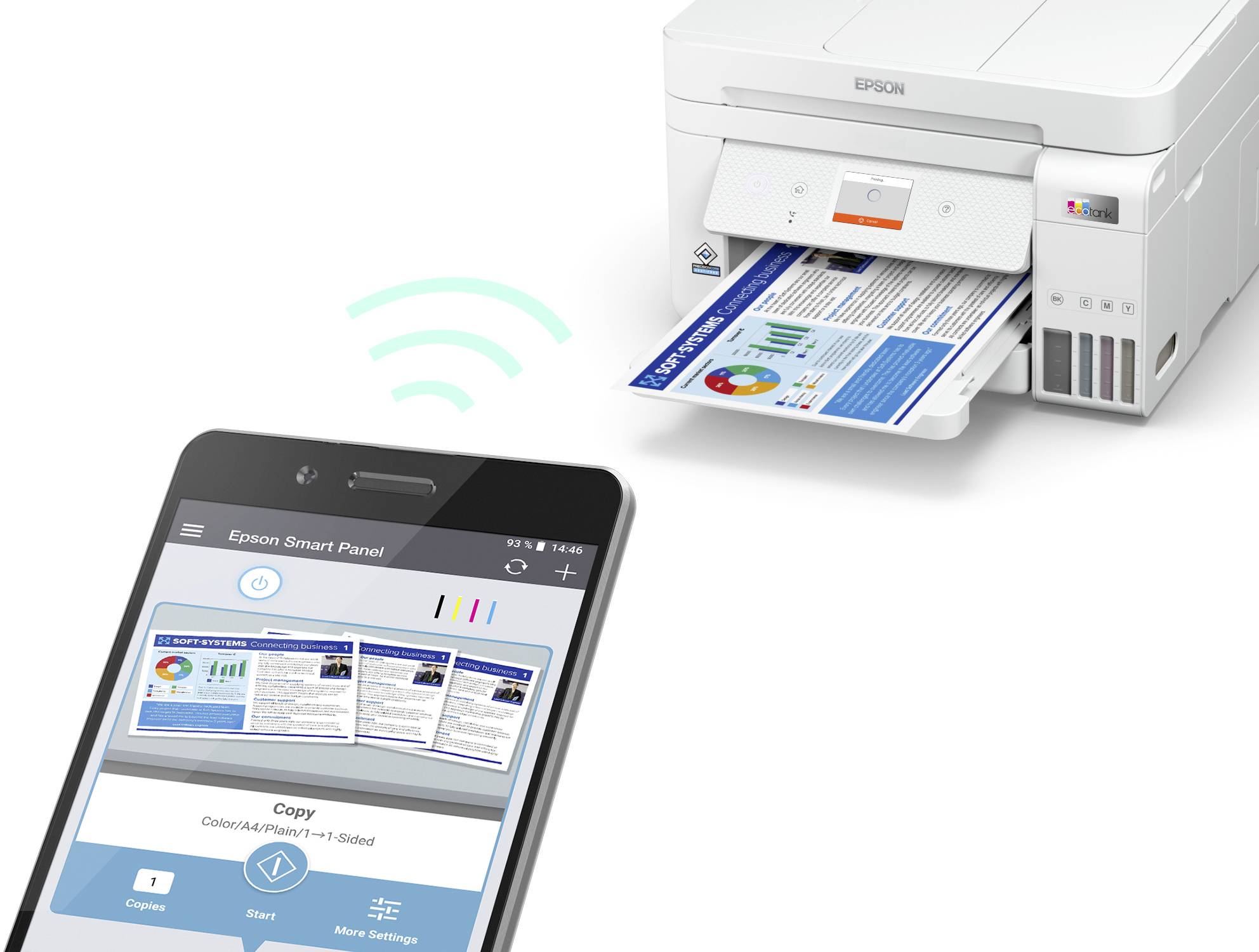 A smartphone wirelessly controls printing on an Epson printer. The Epson Smart Panel app is displayed on the screen.