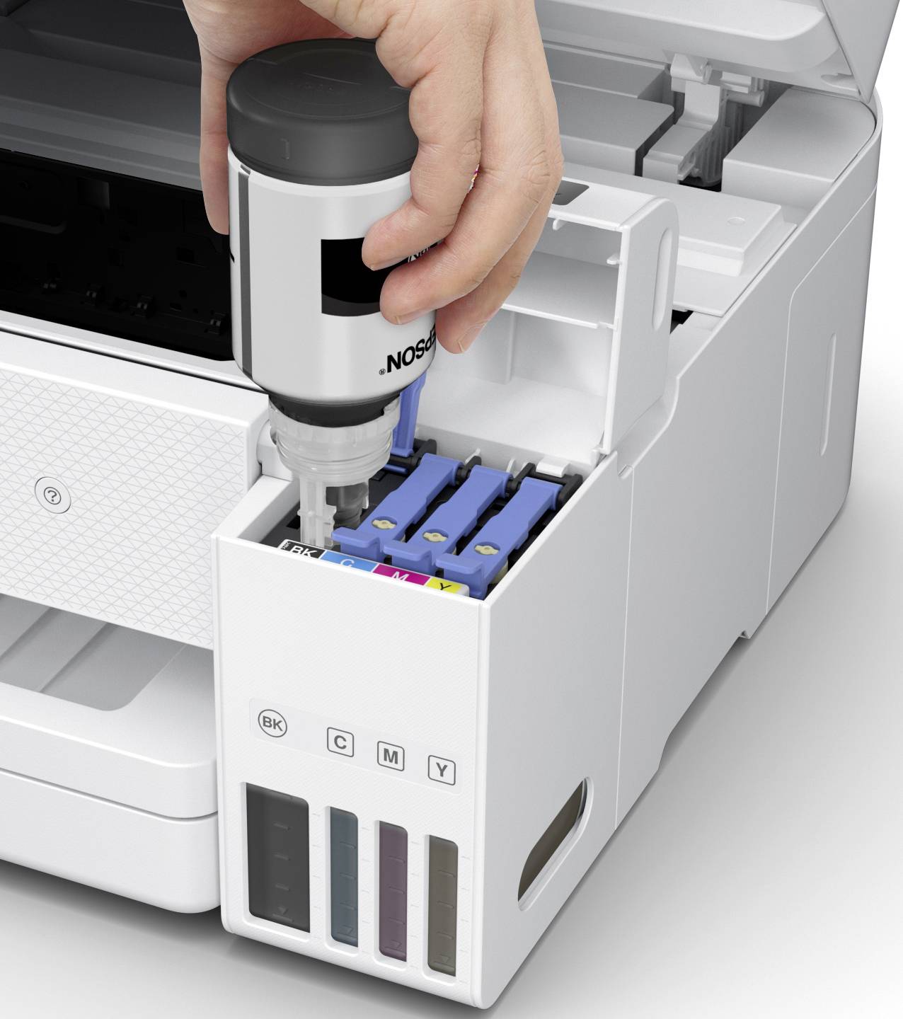 Someone is filling printer ink into the cartridges of a printer. The cartridge is marked with 'BK' for black ink.