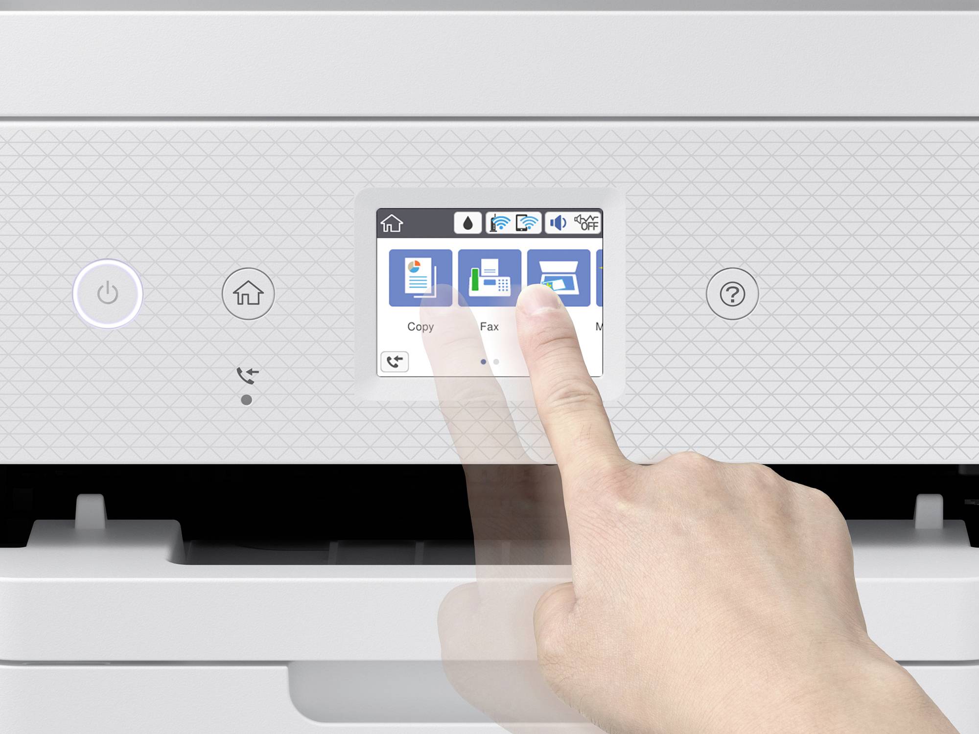 A hand touches the screen of a printer. The screen displays icons for 'Copy', 'Fax', and 'Print'.