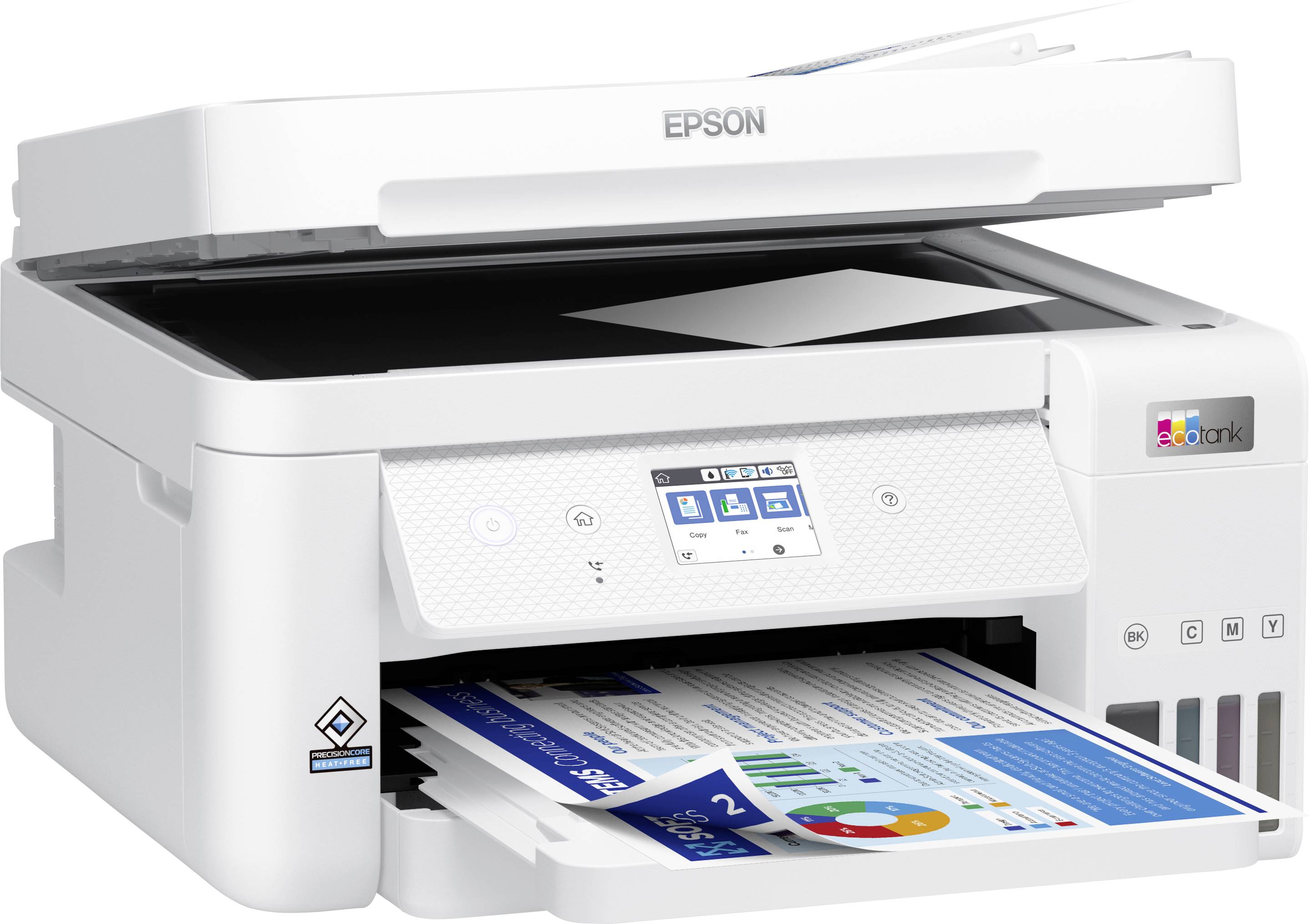 An Epson multifunction printer is currently printing a document. The device displays a digital screen and is finished in white.