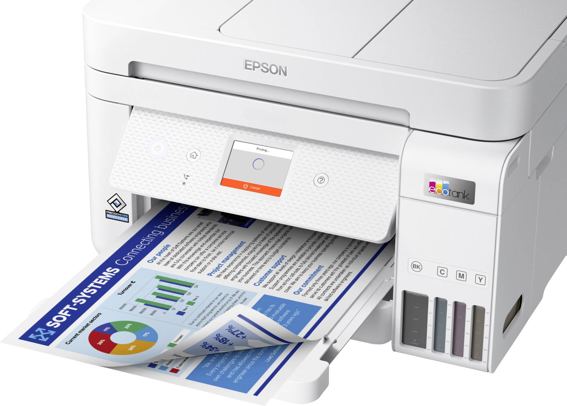 A white Epson inkjet printer is printing a coloured business presentation with diagrams and graphics.