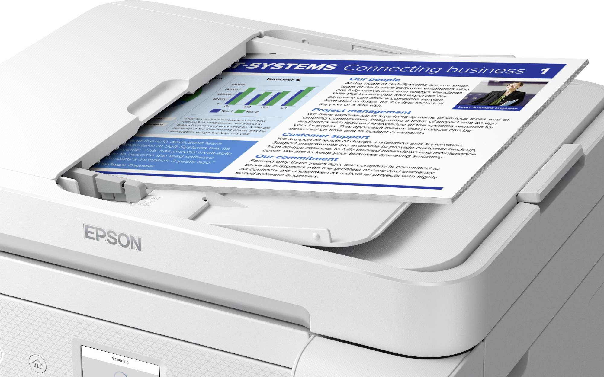 A printer is outputting a document with graphics and text. It contains business information with the title 'Connecting Business'.